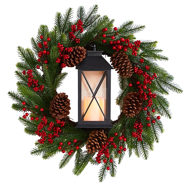28" Berries & Pine Christmas Wreath with Lantern & Included LED Candle