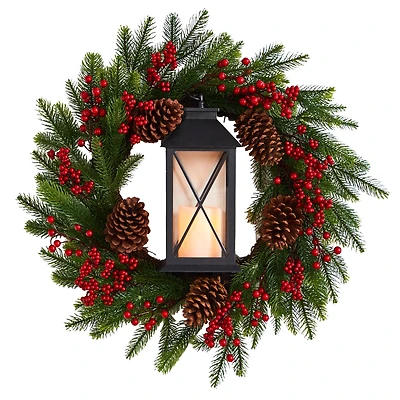 28" Berries & Pine Christmas Wreath with Lantern & Included LED Candle