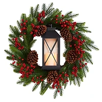 28" Berries & Pine Christmas Wreath with Lantern & Included LED Candle