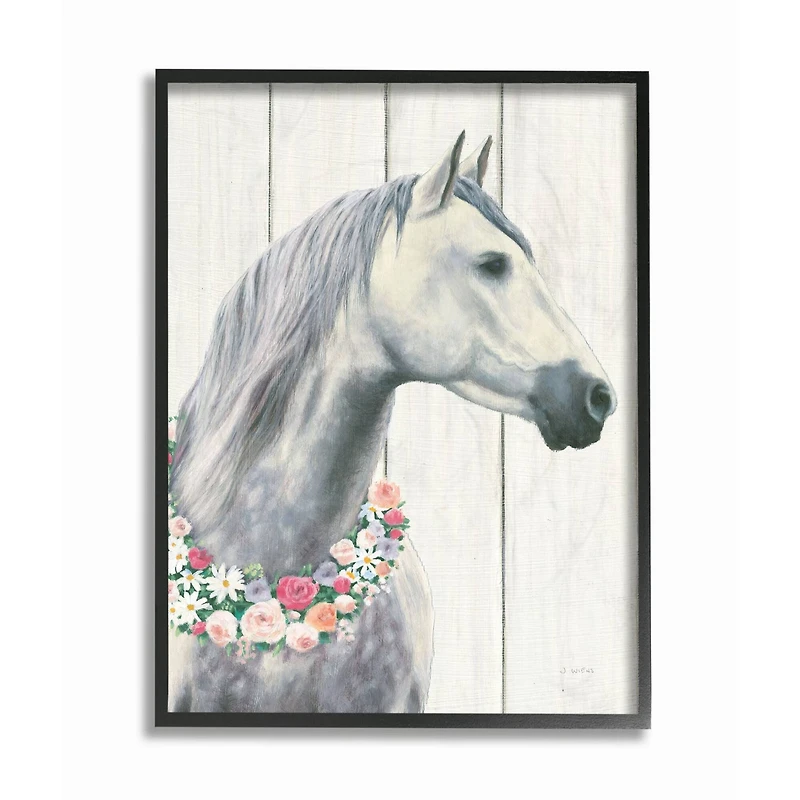 Stupell Industries Spirit Stallion Horse With Flower Wreath Wall Art in Black Frame