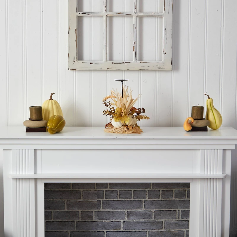 12" Autumn Harvest and Pumpkin Candle Holder Arrangement