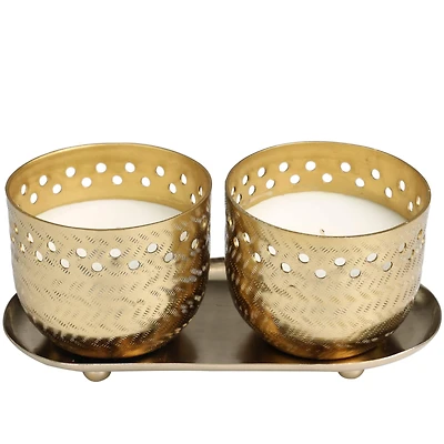Egyptian Mint Scented Cutout Spotted Candles in Gold Bowls Set