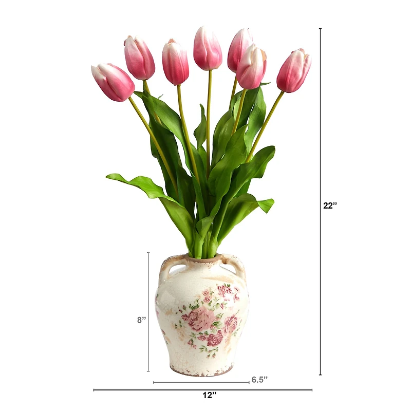 22" Pink Dutch Tulip Arrangement in Flower Print Jar