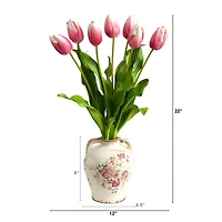 22" Pink Dutch Tulip Arrangement in Flower Print Jar