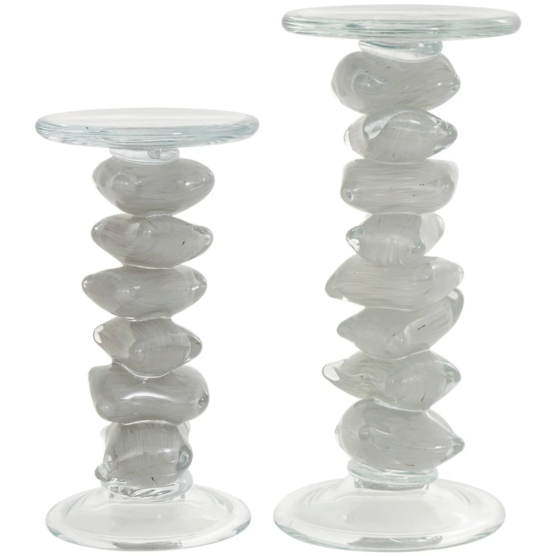 Clear Glass Stacked Stone Candle Holder Set