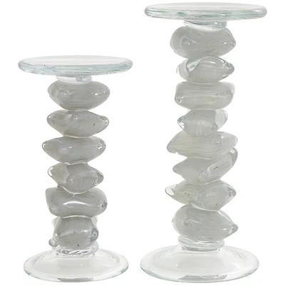 Clear Glass Stacked Stone Candle Holder Set