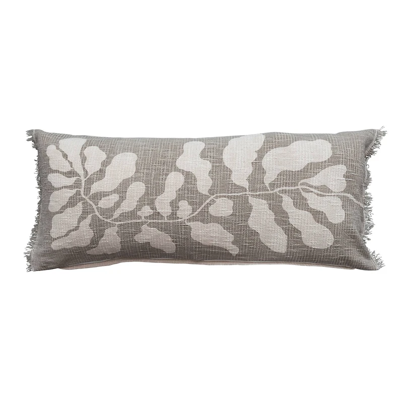 Hello Honey® Gray Botanical Print Cotton Lumbar Pillow with Fringe