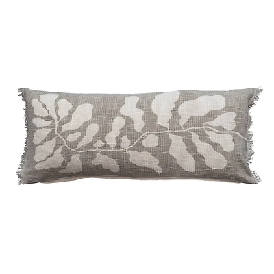 Hello Honey® Gray Botanical Print Cotton Lumbar Pillow with Fringe