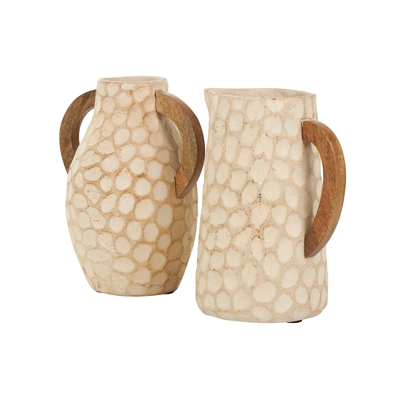 Beige Paper Mache Honeycomb Inspired Jug Vase with Wooden Handle Set