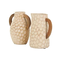 Beige Paper Mache Honeycomb Inspired Jug Vase with Wooden Handle Set