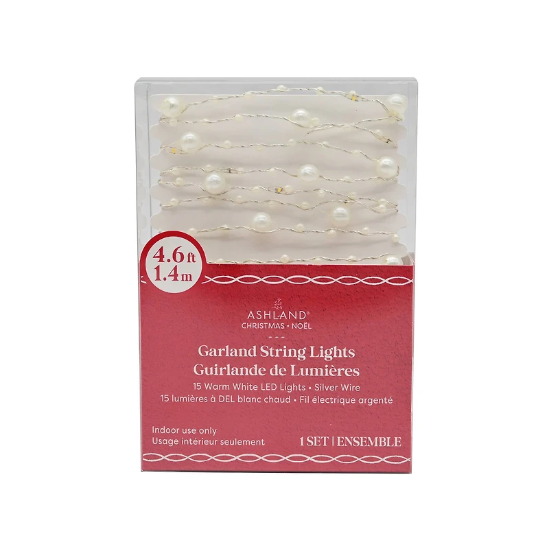 15ct. Warm White LED White Pearl Garland String Lights on Silver Wire by Ashland®