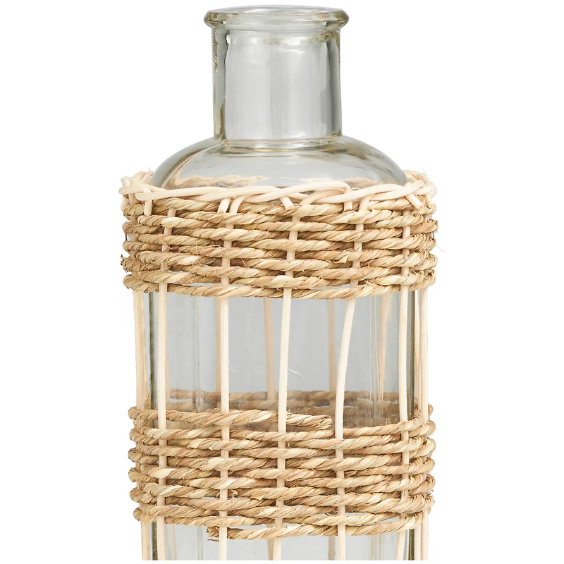 13" Clear Glass Handmade Vase with Light Brown Rattan Woven Body