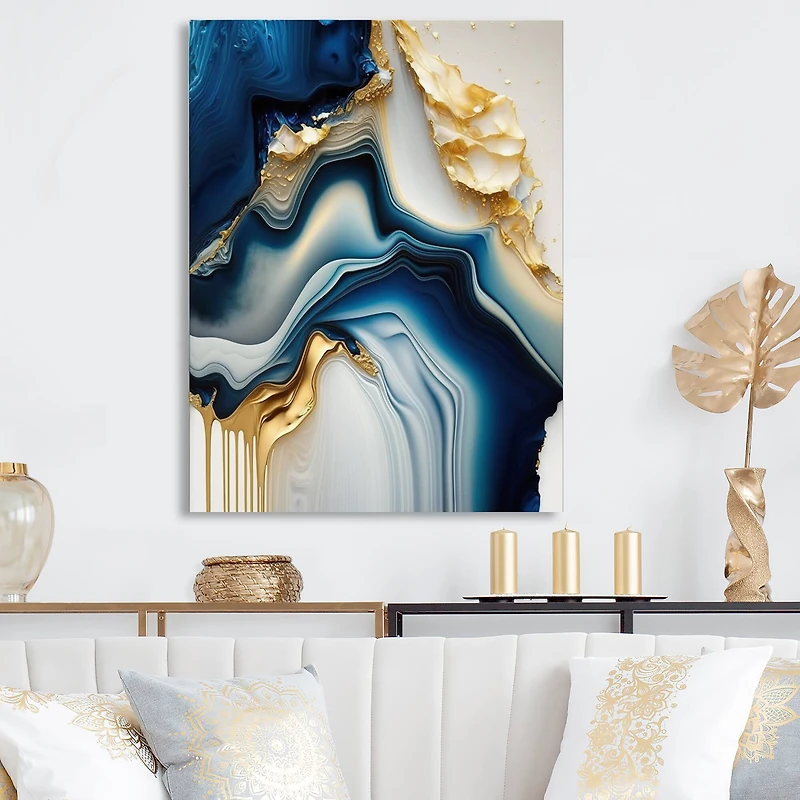 Designart 'Abstract Geode Gold And Blue Marble II' Marble Abstract Canvas Wall Art