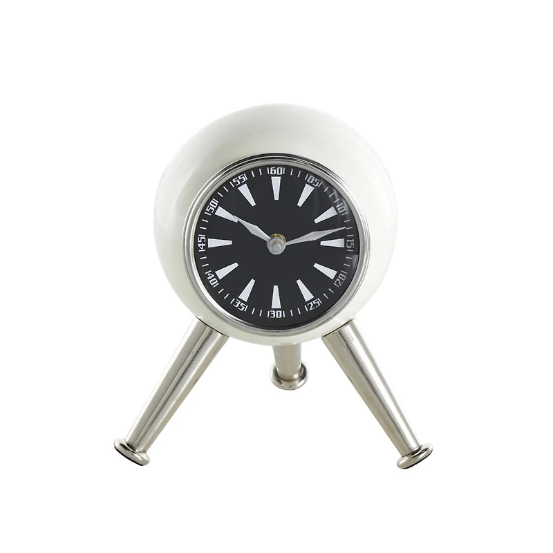 8.5" Silver Orb Metal Clock with Black Clockface & Silver Tripod Legs