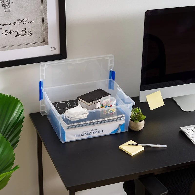 IRIS® 12qt. Clear Deep Storage Boxes with Lids & Blue Latches, 4ct.