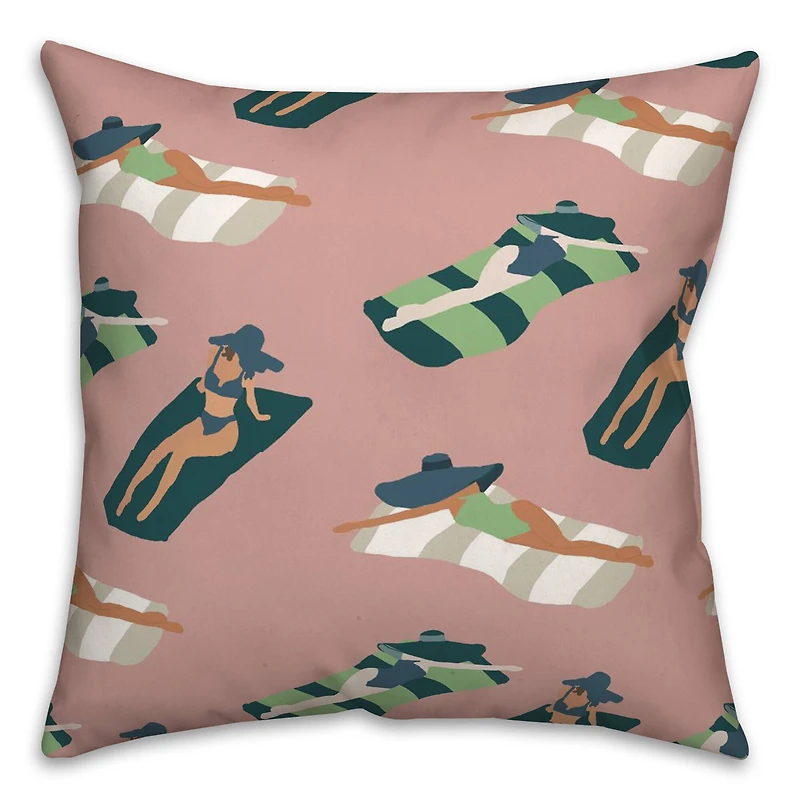 Pink Sun Bathers Pattern Throw Pillow