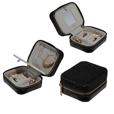 Ruby + Cash Black Sequin Mini Faux Leather Zippered Travel Jewelry Organizer Box