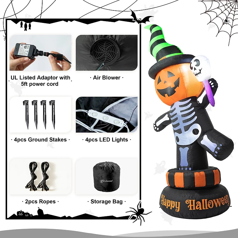 Glitzhome® 6ft. Lighted Halloween Jack-O'-Lantern Skeleton Rotating Inflatable Décor