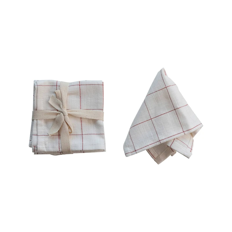Hello Honey® 10" Cream & Red Cotton Cocktail Napkins with Metallic Grid, 4ct.
