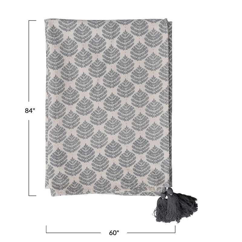 Hello Honey® 84" Gray & Gold Cotton Printed Tablecloth with Leaf Pattern & Tassels