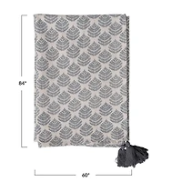 Hello Honey® 84" Gray & Gold Cotton Printed Tablecloth with Leaf Pattern & Tassels