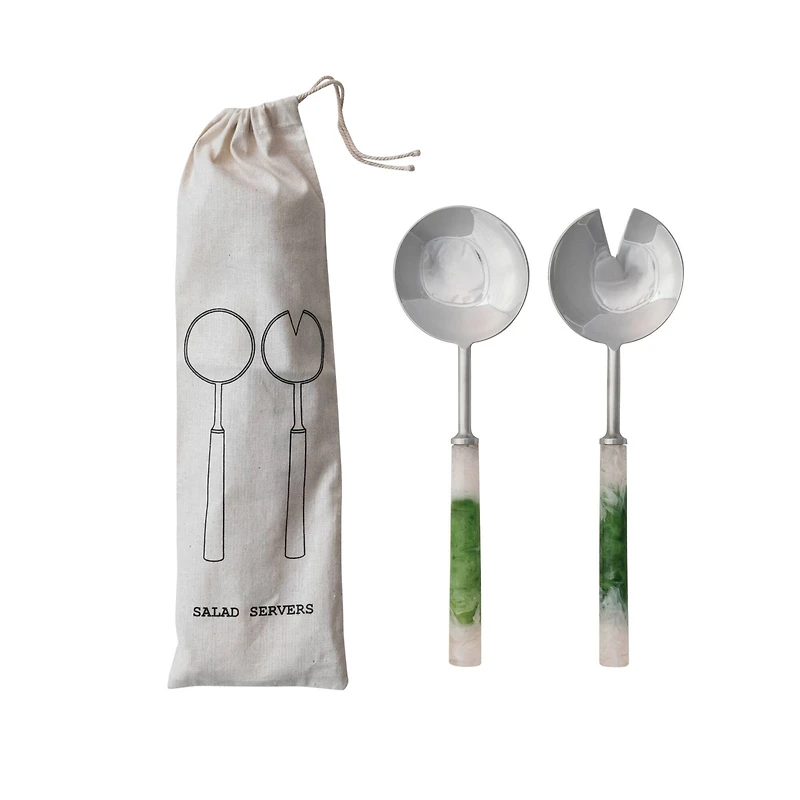 Hello Honey 2-Piece Stainless Steel Salad Servers with Marbled Resin Handles, Green and White