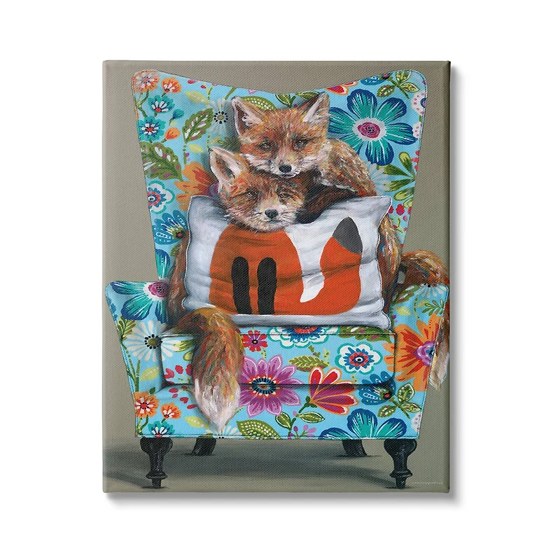 Stupell Industries Red Fox Pair Sitting Chair Spring Floral Pattern Canvas Wall Art