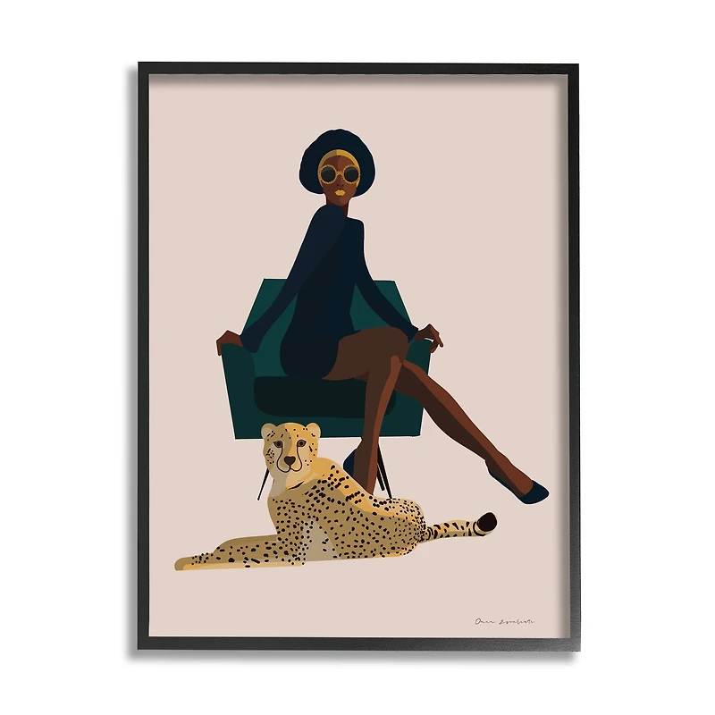 Stupell Industries Modern Fashion Pose Female Cheetah Cat Green Chair Framed Wall Art