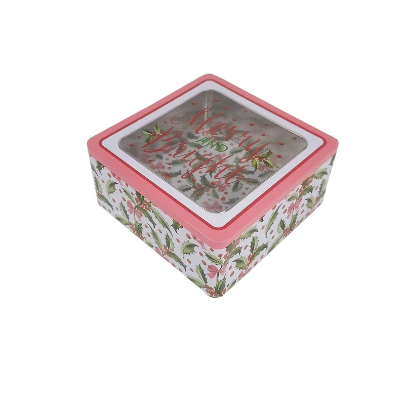 Merry and Bright Holly with Clear Window Square Christmas Tin by Makery™