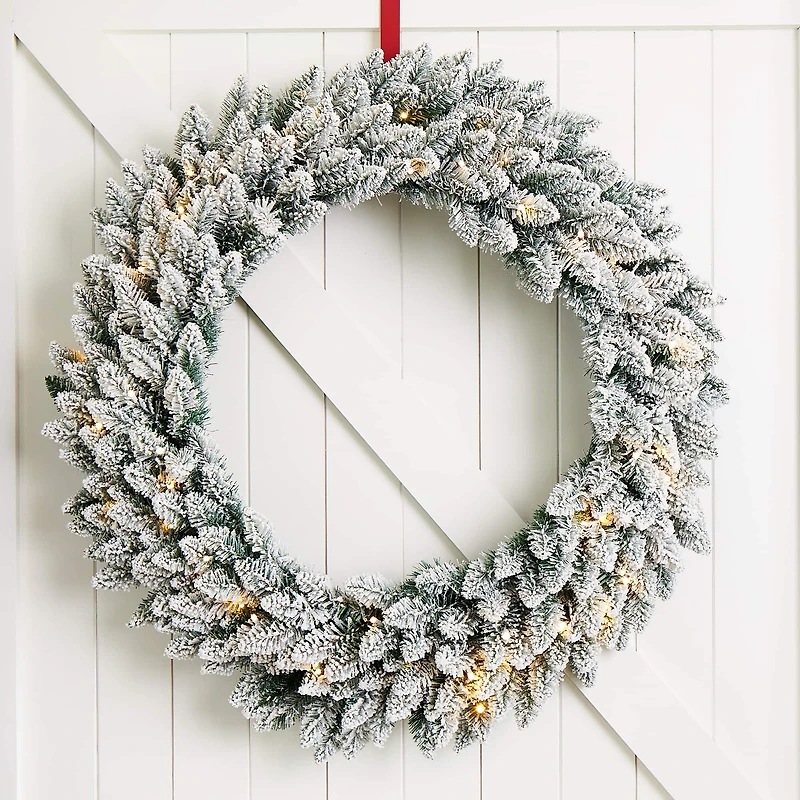 Glitzhome® 36" Pre-Lit Snow Flocked Christmas Wreath, Warm White Lights