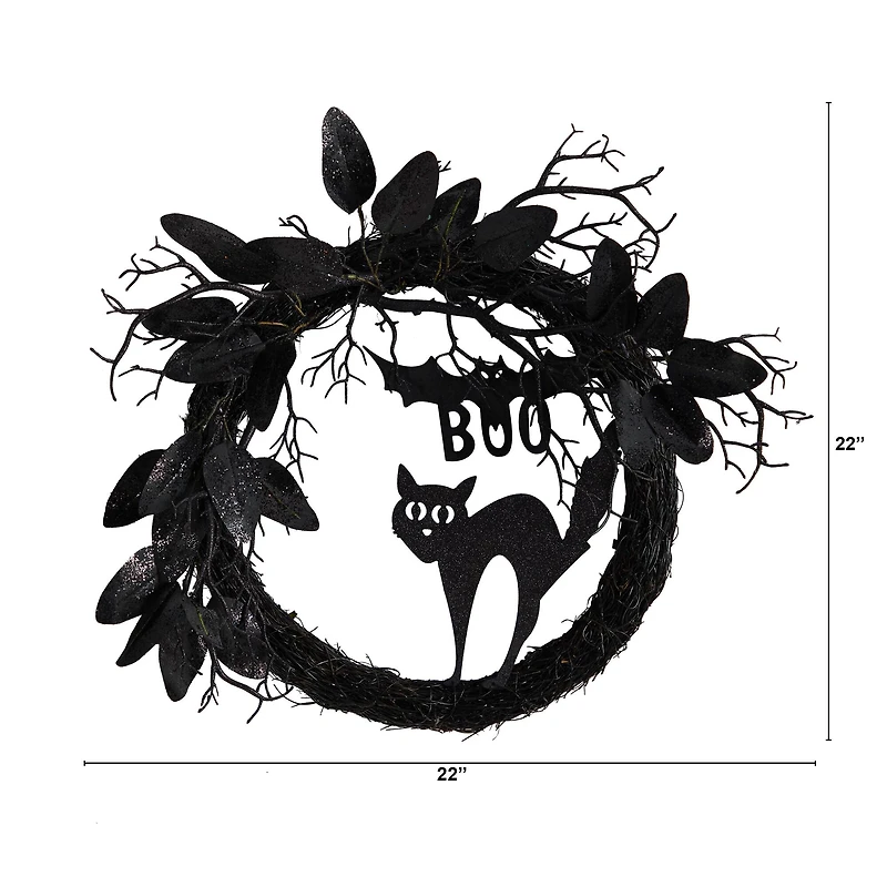 22" Halloween Black Cat & Bat Boo Twig Wreath