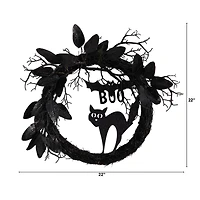 22" Halloween Black Cat & Bat Boo Twig Wreath