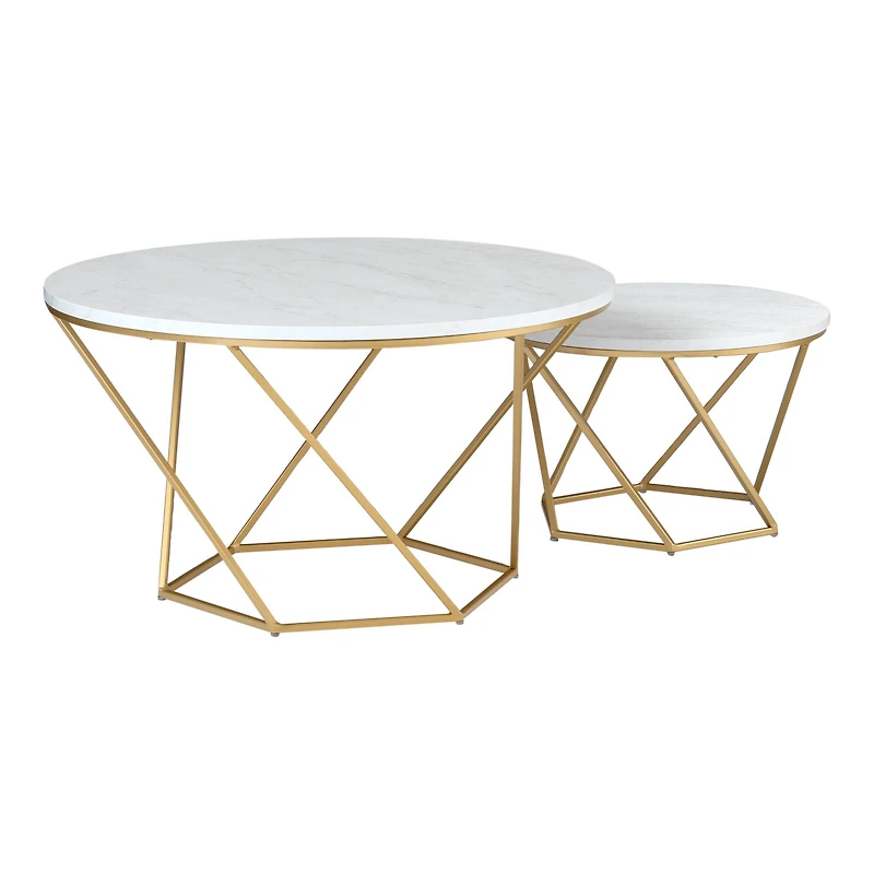 Faux White Marble & Gold Geometric Modern Nesting Coffee Table Set