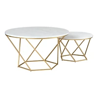 Faux White Marble & Gold Geometric Modern Nesting Coffee Table Set