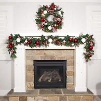 Village Lighting 24" Pre-Lit Nordic Christmas Wreath, Red & Clear LED Lights