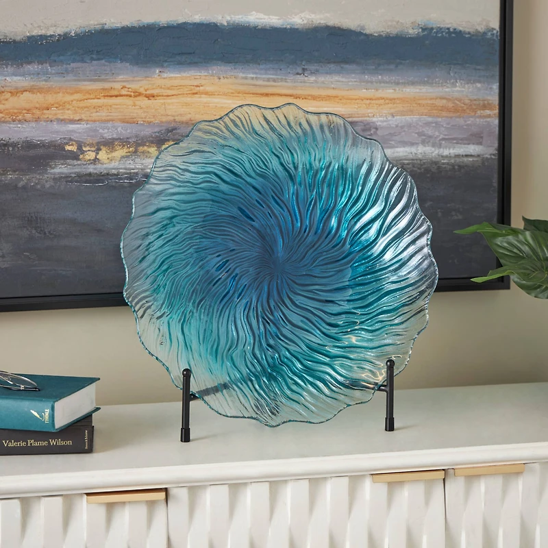 18" Blue Ombre Starburst Glass Charger with Wavy Edge