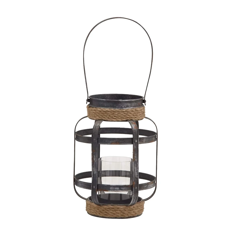 Grey Iron Industrial Candle Holder Lantern, 13" x 10" x 10"