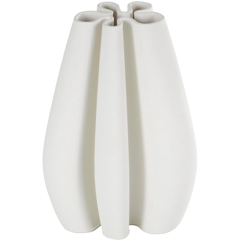 White Ceramic Abstract Ribbed Dimensional Concaved Vase with Floral Shaped Rim