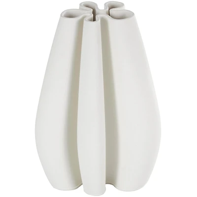 White Ceramic Abstract Ribbed Dimensional Concaved Vase with Floral Shaped Rim