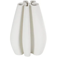 White Ceramic Abstract Ribbed Dimensional Concaved Vase with Floral Shaped Rim