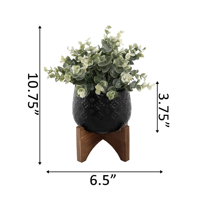 Flora Bunda® 5" Eucalyptus Matte Black Indian Ceramic Pot On Wood Stand