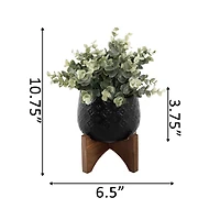 Flora Bunda® 5" Eucalyptus Matte Black Indian Ceramic Pot On Wood Stand