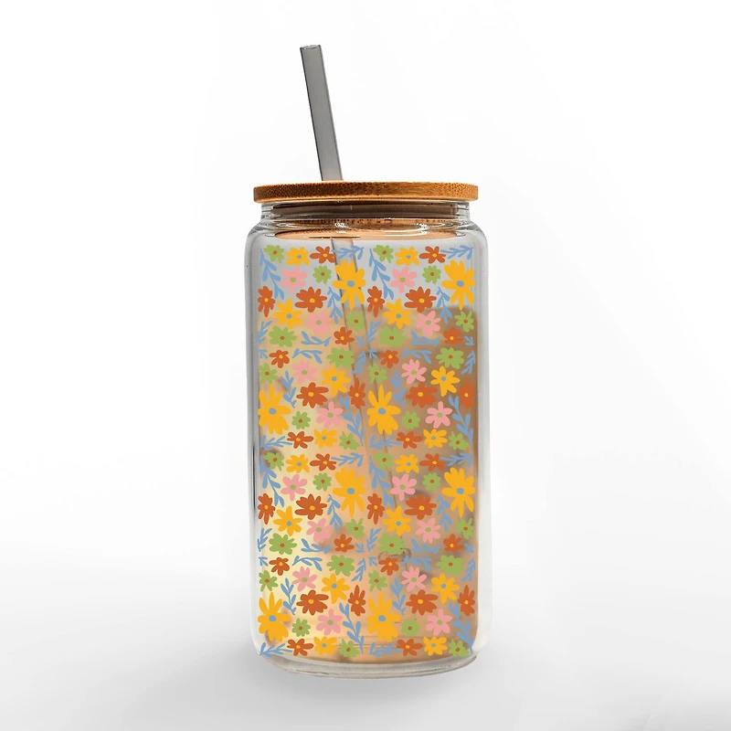 16oz. Simple Flower Pattern Glass Can Cup