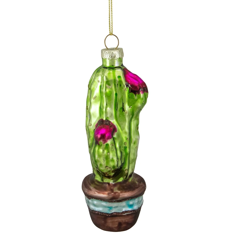 Green And Pink Potted Cactus Glass Ornament