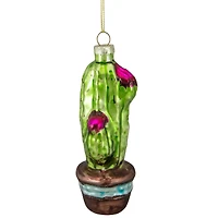 Green And Pink Potted Cactus Glass Ornament