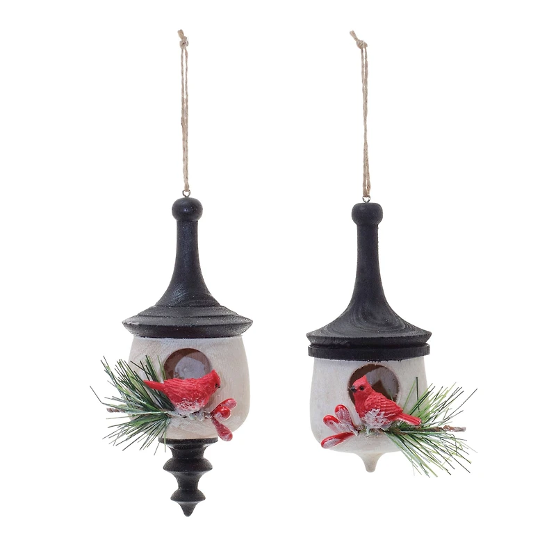 Wood Finial Birdhouse with Cardinal Ornaments Set