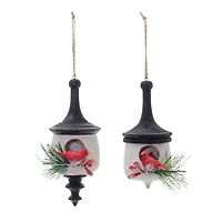 Wood Finial Birdhouse with Cardinal Ornaments Set