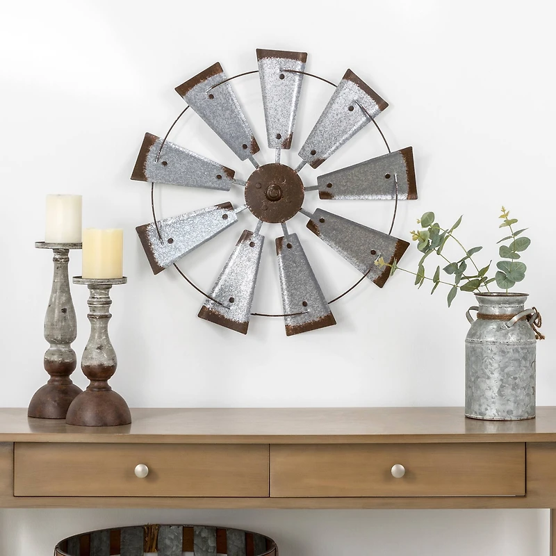 Glitzhome® 22" Farmhouse Metal Galvanized Wind Spinner Wall Décor