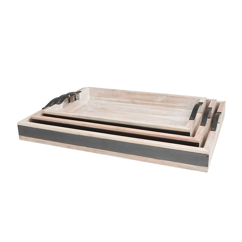 Cream Mango Wood Nesting Tray Set with Black Metal Handles