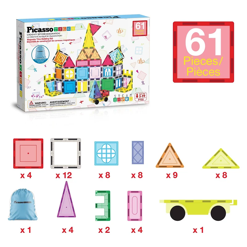 PicassoTiles 61-Piece Magnetic Tile Set with Windows & Doors
